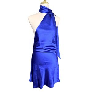 Hello Molly Cobalt Blue Satin One Shoulder Scarf Neck Mini Dress Size M NEW